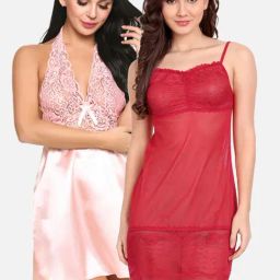 FIMS: Fashion is my Style Red & Pink Lace Work Babydoll With Thong-image-60