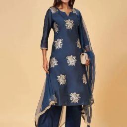 Rangmanch by Pantaloons Indigo Blue Embroidered Kurta Palazzo Set With Dupatta-image-79