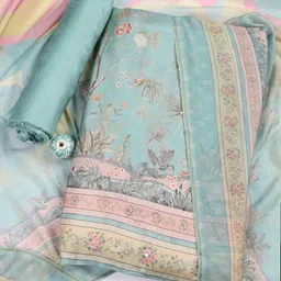 Meena Bazaar Floral Printed Mirror Work Unstitched Dress Material-87