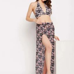 Secrets By ZeroKaata Black Printed Bikini Set With Sarong-image-57