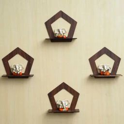eCraftIndia Brown Wooden Pentagon Shape Wall Shelves - Set of 4-image-91