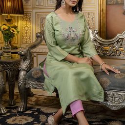 VredeVogel Floral Embroidered Round Neck Regular Sequinned Straight Kurta-picture-33