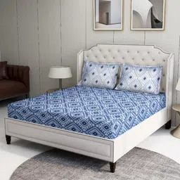 BOMBAY DYEING Blue & White Geometric 100 TC Queen Bedsheet with 2 Pillow Covers-picture-18