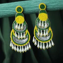 Aatmana Yellow & Green Beads & Pearls Studded Contemporary Drop Earrings for Women-10