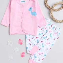 Bumzee Kids Pink & White Printed Full Sleeves Jhabla with Pyjamas-image-74