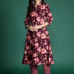 Anouk Women Floral Printed Regular Pure Cotton A-Line Kurta with Trousers-picture-54