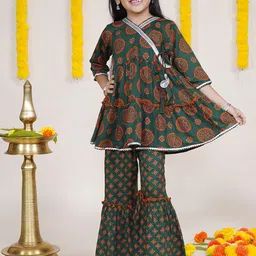 KiddoPanti Girls Ethnic Motifs Printed Gotta Patti Pure Cotton Kurta with Sharara-picture-34
