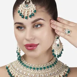Zaveri Pearls Green Bridal Kundan Necklace Earring Maangtikka & Ring Set-ZPFK13170-image-53
