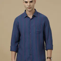 Linen Club Contemporary Slim Fit Vertical Striped Linen Cotton Casual Shirt-image-82