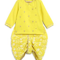 Tiber Taber Full Sleeves Motif Embroidered Kurta With Floral Print Dhoti - Yellow-image-1
