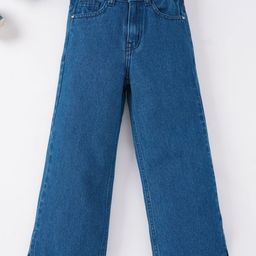 Ed-a-Mamma Cotton Woven Full Length Straight Solid Color Denim Jeans with Side Slit - Blue-image-4
