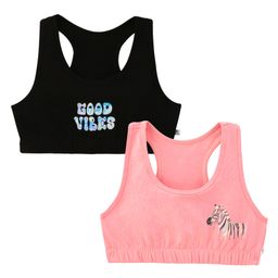 Plan B 95% Cotton 5% Spandex Pack Of 2 Double Layered Racer Back Good Vibes & Zebra Printed Sports Bras - Black & Coral-image-45