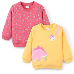 Babyhug Cotton Knit Full Sleeves Floral & Dino Graphics Sweatshirts Pack of 2 - Pink & Yellow-16