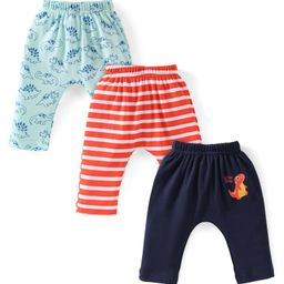 Babyhug Cotton Knit Full Length Diaper Pants Striped & Dino Print Pack Of 3 - Blue & Orange-image-99