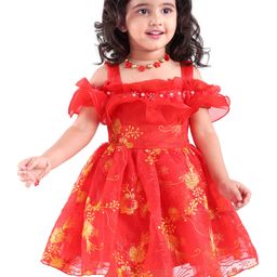 Mark & Mia Sleeveless Party Frock with Floral Embroidery & Frill Detailing - Red-image-68