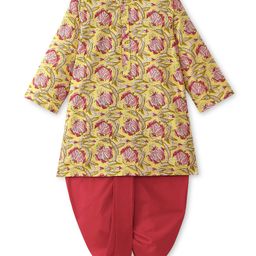 Babyhug 100% Cotton Woven Full Sleeves Floral Printed Kurta Dhoti Set- Lime Yellow-image-18