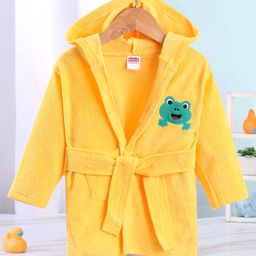 Babyhug Terry Knit Full Sleeves Bath Robe With Hood and Frog Embroidery - Yellow-image-93