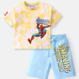 Babyhug Marvel Single Jersey Knit Oversized Half Sleeve T-Shirt & Shorts With Spiderman Graphics - Yellow & Blue-image-38