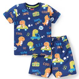 Babyhug Cotton Knit Half Sleeves Dino Print Night Suit - Navy Blue-image-33