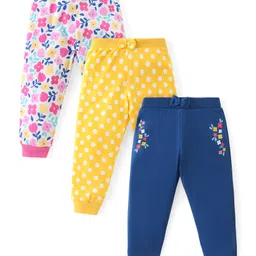 Babyhug Cotton Knit Full Length Lounge Pants Floral & Polka Dots Print with Bow Applique Pack of 3 - Multicolour-picture-37