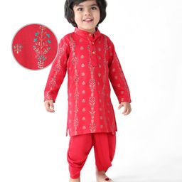 EARTHY TOUCH Single Jersey KnitFull Sleeves Floral Printed Kurta Dhoti Set - Red-image-86