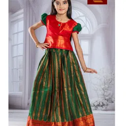 Bhartiya Paridhan Silk Puffed Sleeves Lehenga Choli Set - Green & Red-picture-37