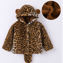 Kookie Kids Full Sleeves Hooded Front Open Winter Fur Jacket with Cheetah Print Design & Ears Applique - Brown-picture-10
