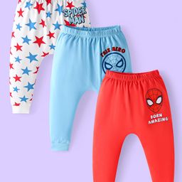 Babyhug Marvel Interlock Knit Full Length Diaper Leggings with Spiderman Graphics Pack of 3 - Red Light Blue & White-image-52