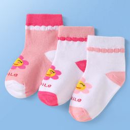Doodle Poodle Cotton Knit Ankle Length Floral Printed Socks Pack of 3- Bright White & Light Pink-image-1