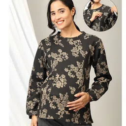 The Mom Store Full Sleeves Floral Printed Maternity Sweatshirt With Concealed Zipper Nursing Access - Black-picture-29