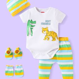 Babyhug 100% Cotton Half Sleeves Onesies with Leggings & Cap Mittens Booties With Stripes & Animal Print - White & Yellow-image-72