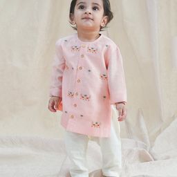 Tiber Taber 100% Chanderi Cotton Full Sleeves Horse Embroidered Kurta With Pyjama Set - Peach-image-98