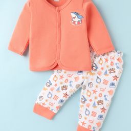 BUMZEE Cotton Knit Full Sleeves Night Suit With Shark Print - White & Peach-image-16
