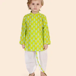 little desi Pure Cotton Woven Full Sleeves Ethnic Motifs Printed Coordinating Dhoti Kurta Set - Parrot-picture-38