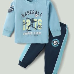 CUCUMBER Sinker Knit Full Sleeves T-Shirt & Lounge Pant Set With Baseball Print - Light Blue-image-37