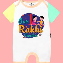The Peppy Tend 100% Cotton Knit Raksha Bandhan Theme Half Sleeves Our 1st Rakhi Together Text Printed Romper - Multi Colour-image-82