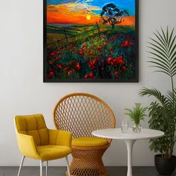 999Store Green & Orange Colored Sunset Field Printed Canvas Wall Art-image-56