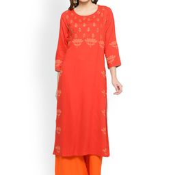 Bitterlime Women Red Block Print Straight Kurta-picture-48