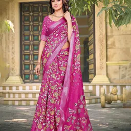 ZILVIRA Floral Pure Linen Designer Block Print Saree-image-59