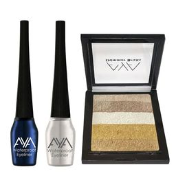 AYA Set of 2 Waterproof Liquid Eyeliner 5ml Each & Shimmer Brick Highlighter 03-2
