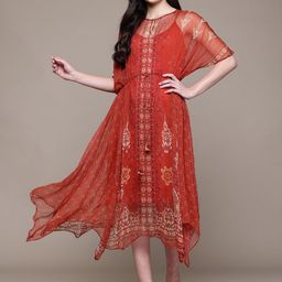 aarke Ritu Kumar Ethnic Motifs Print Keyhole Neck Batwing Sleeve Chiffon Kaftan Midi Dress-image-14