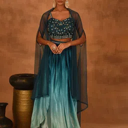 Laalzari Blue Ombre Skirt With Crop Top & Cape Co-Ords-picture-56