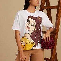 Kazo Women Disney Princess Graphic Printed Round Neck Cotton Boxy T-shirt-image-60