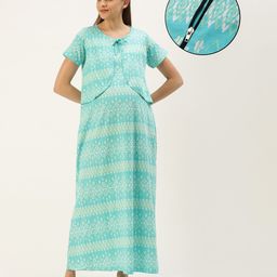 Nejo Pure Cotton Half Sleeves Seamless Ikat Design Printed Maternity & Nursing Night Dress With Concealed Zipper Access - Blue-image-57