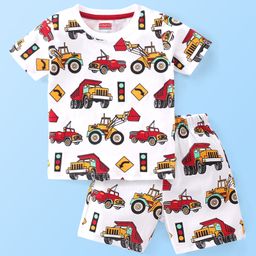 Babyhug Single Jersey Knit Half Sleeves Night Suit With JCB Print - White-image-43