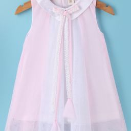 ToffyHouse 100% Cotton Woven Sleeveless Solid Colour Party Frock with Peter Pan Collar & Tassel Detailing - Light Pink-picture-47