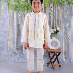 Superminis Full Sleeves Thread Work Embroidered Kurta Pyjama & Jacket - Off White-image-2