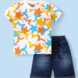 Babyhug Single Jersey Knit Half Sleeve Stars Printed T-Shirt and Denim Shorts Set - Multicolor-image-23