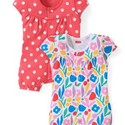 Babyhug 100% Cotton Knit Cap Sleeves Polka Dots & Floral Printed Rompers Pack of 2 - Red & White-image-35