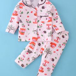 Little Darlings Cotton Knit Full Sleeves Night Suit With Autumn Forest Print - Light Pink-image-81
